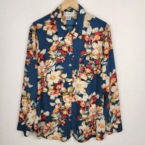 Vintage Maggie Sweet Floral Button Front Blouse XL Blue Boho Cottagecore 90s